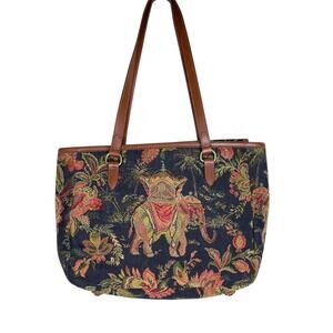 Vintage Talbots Black Floral Elephant Tapestry Top Handle Shoulder Handbag Purse